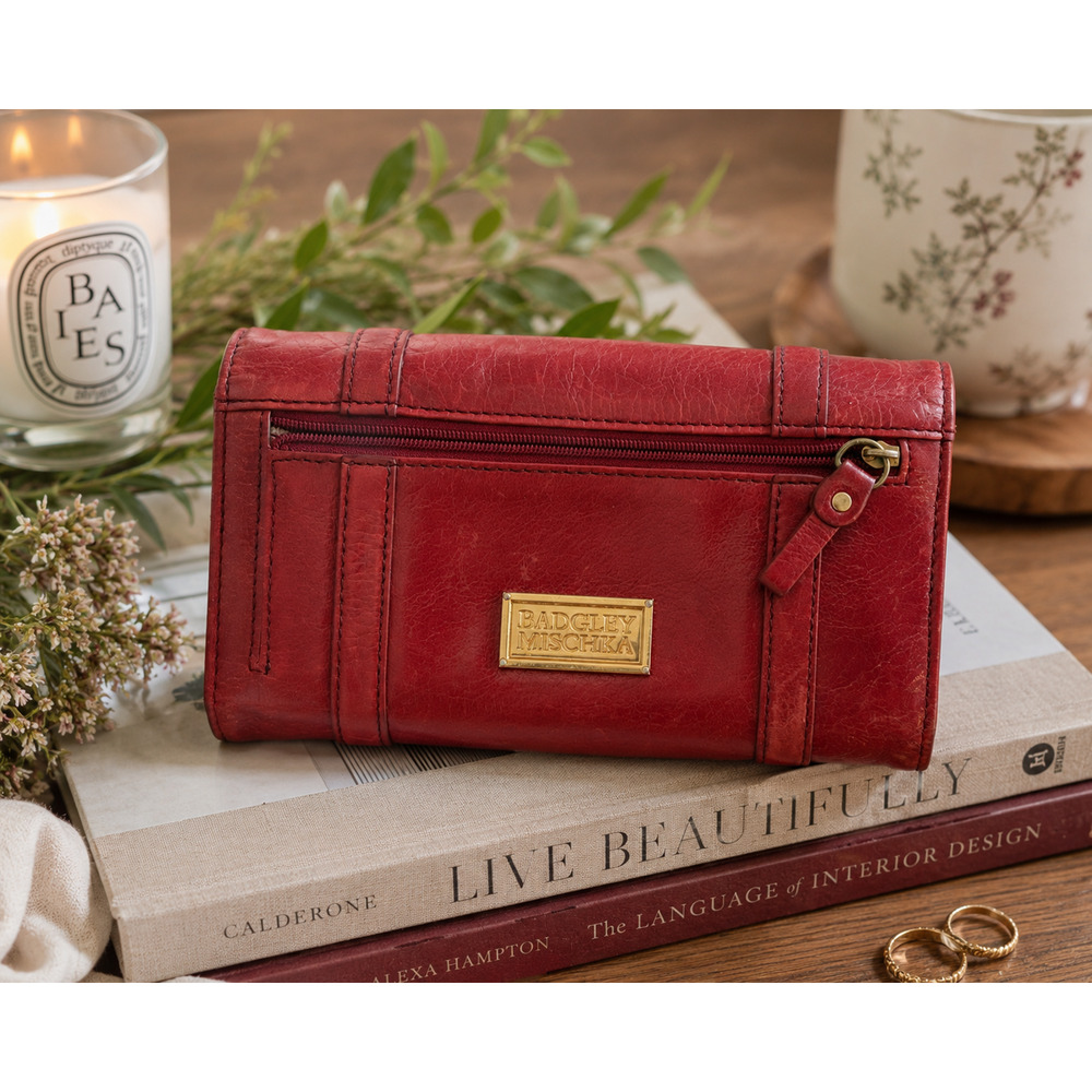 Badgley Mischka Red Leather Wallet Checkbook Organizer Snap Zip Gold Hardware